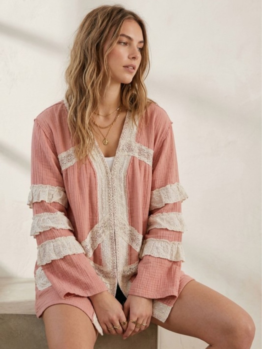 "The Sonya" Boho Lace-Trim Peace Sign Cardigan Jacket - Picture 2 of 5